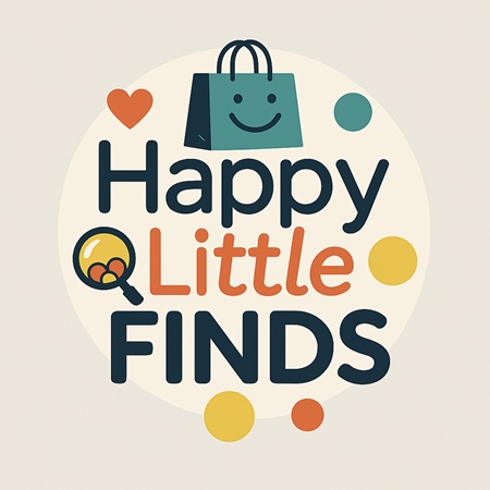 happy little finds logo which is teal yellow and burnt orange